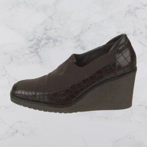 Donald J Pliner Black Leather Snake/Stretch Fabric Wedge Slip-On Shoes Sz 9